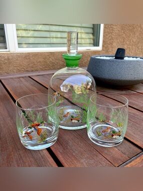 Vintage Mallard Duck Whiskey Decanter Bar Set Bohemian 1970s Two Tumblers